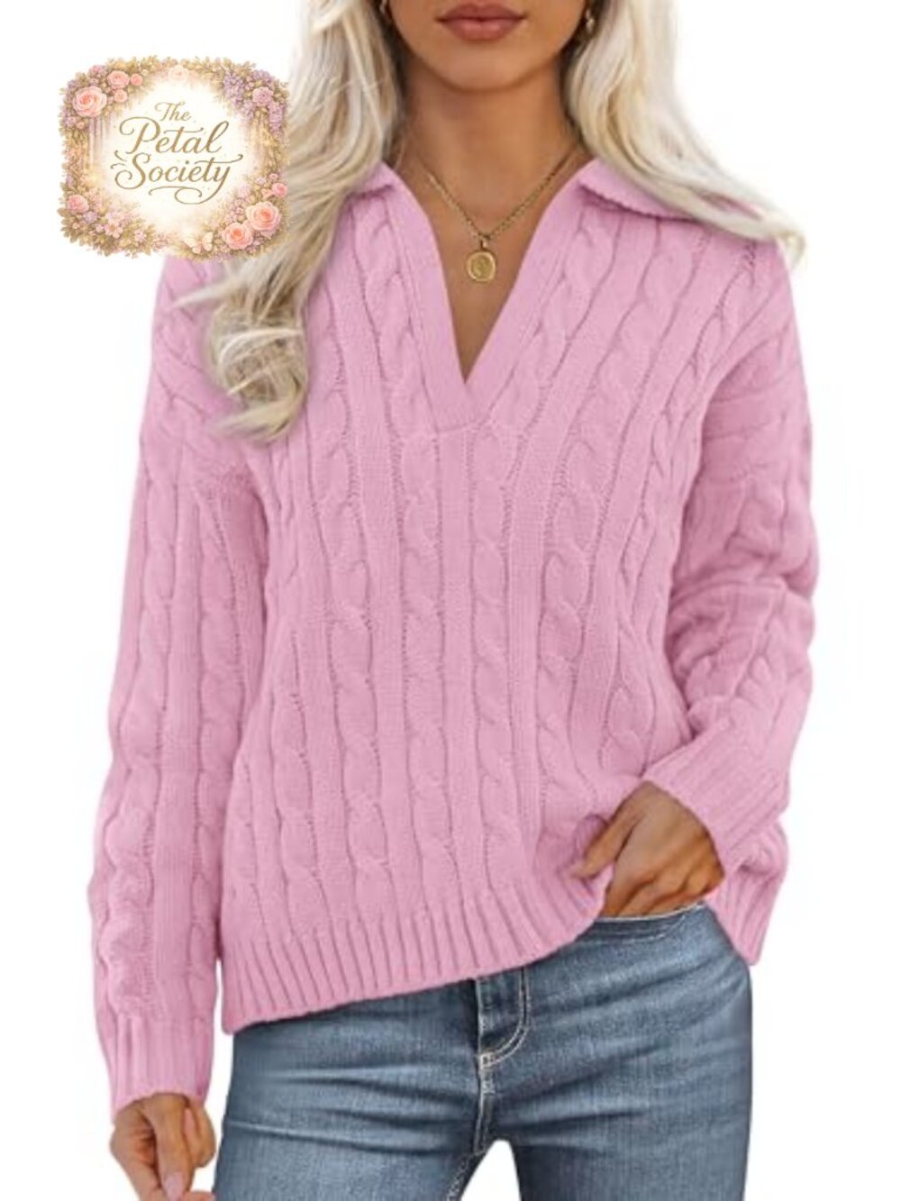 Womens Oversized Cable Knit V Neck Sweater Loose Fit Pullover